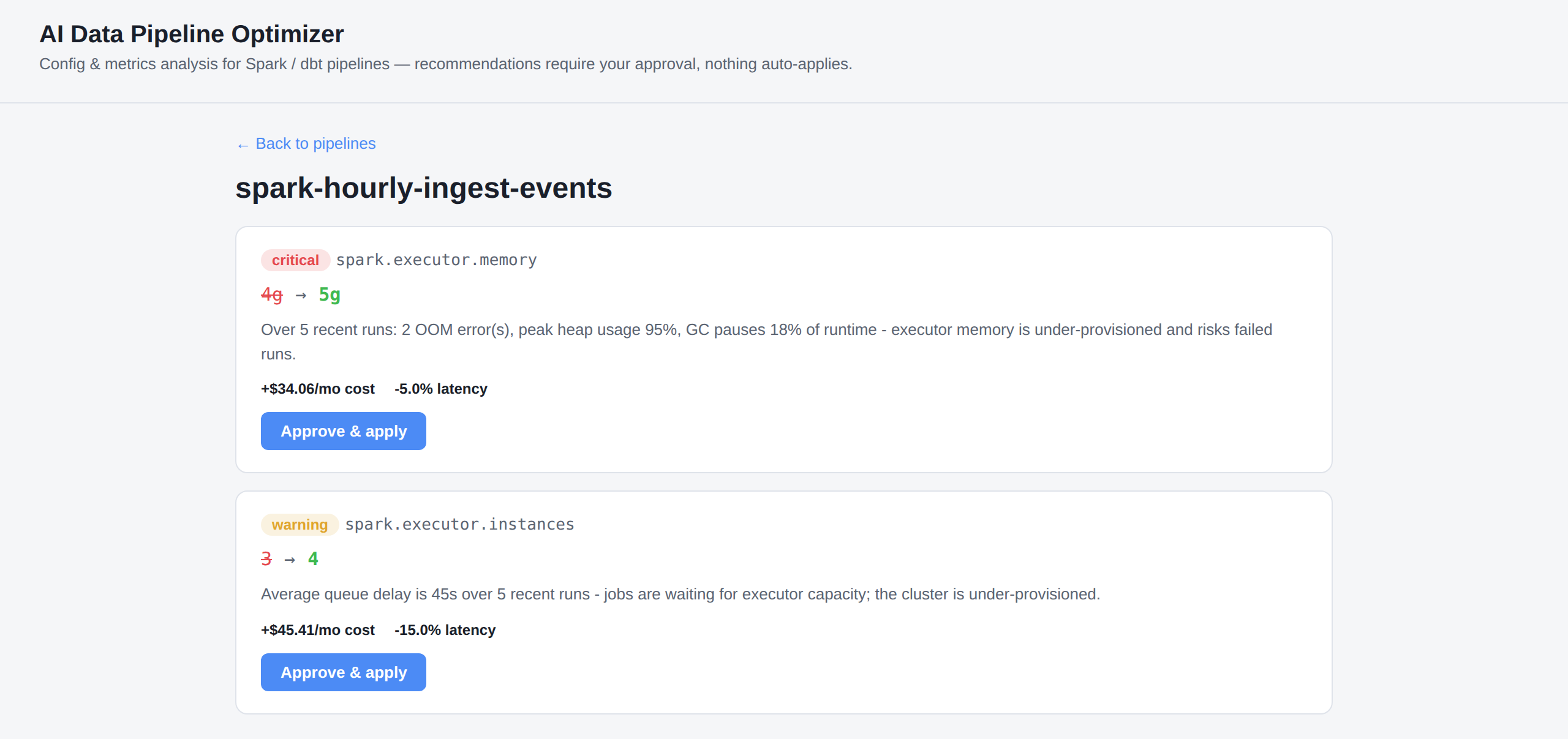 opti-pipe recommendation detail view: current vs suggested config diff with rationale